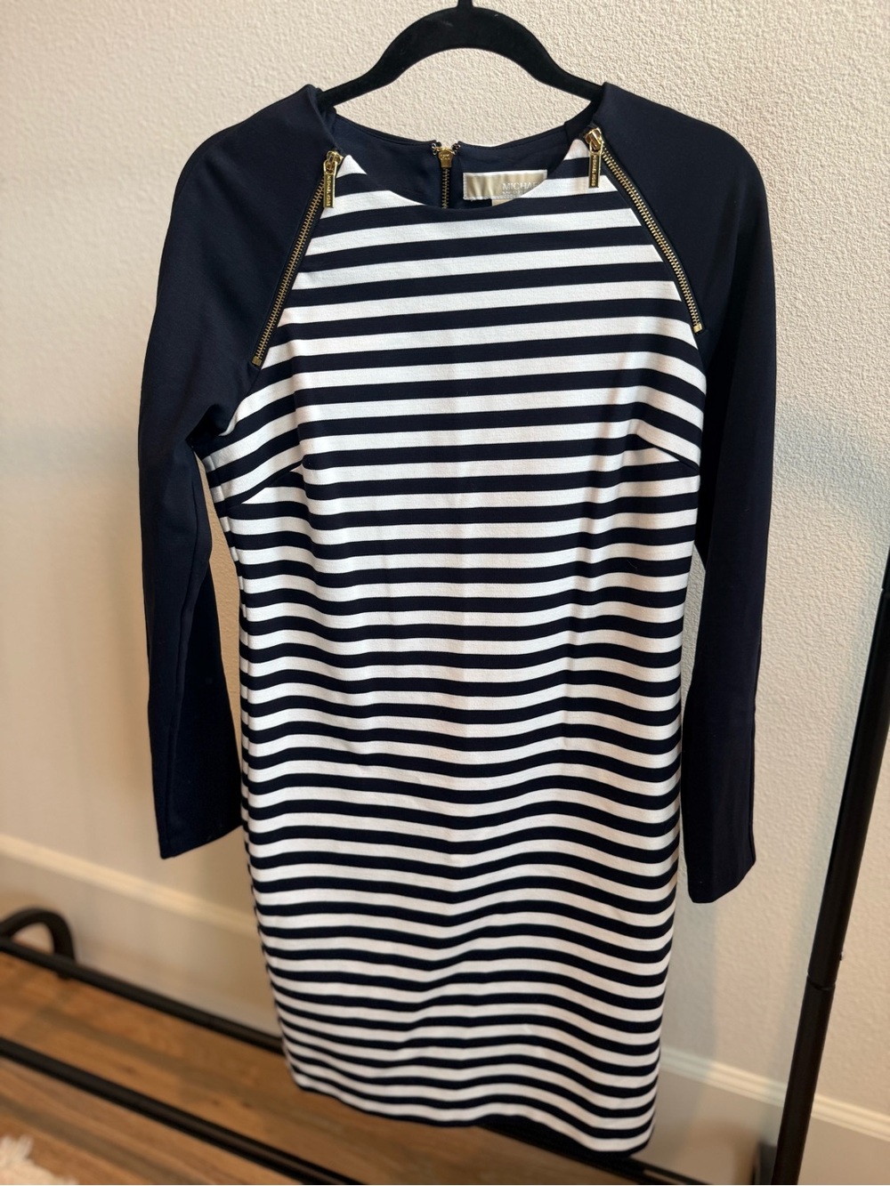 Michael Kors Navy and White Striped Long-Sleeve Knit Dress with Gold Zip Accents
